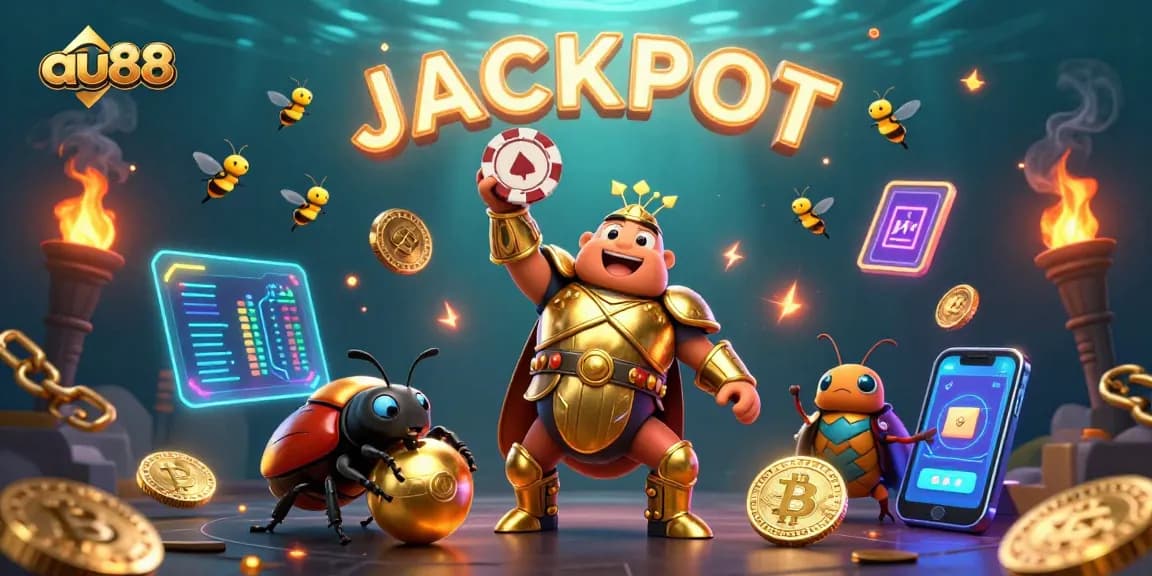 Experience the thrill of au88 as a hercules beetle celebrates a jackpot victory with vibrant casino elements.
