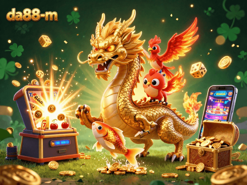 Experience thrilling fun at da88-m with a golden dragon, koi fish, and dynamic slots!