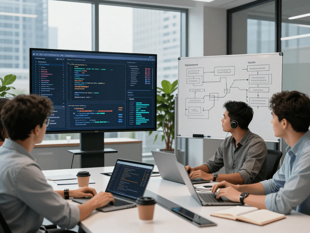 Waygrid team collaborating on API management at modern workspace with digital analytics.