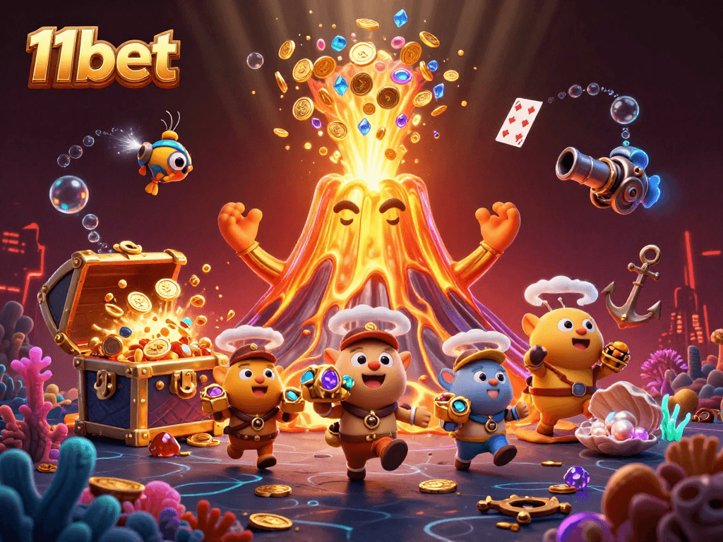 Engage with excitement at 11bet featuring a stunning 3D illustration of a golden volcano erupting treasures in a vibrant casino world.