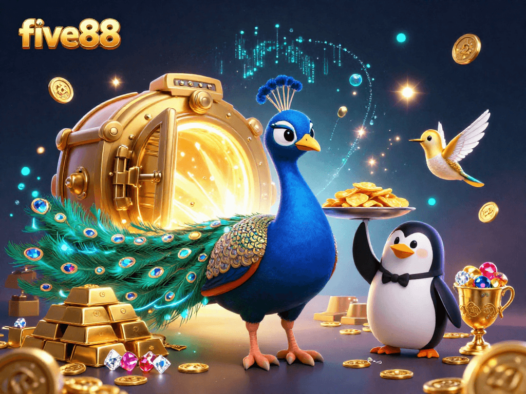 Engage with five88's vibrant gaming world featuring a peacock, penguin, and hummingbird surrounded by treasures.