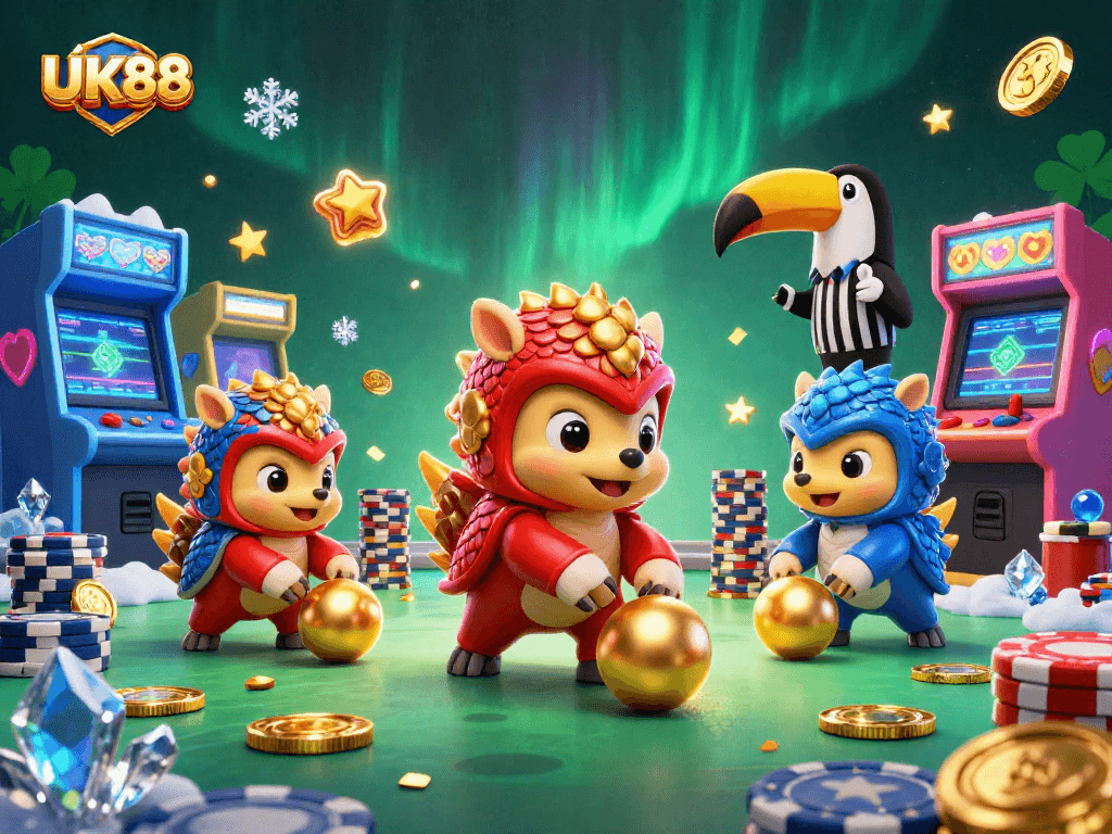 Experience the thrill of UK88 as pangolins compete in a vibrant casino-themed scene.