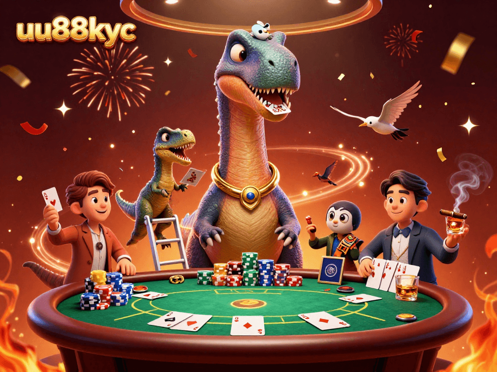 uu88kyc's vibrant casino scene showcases a dinosaur dealer amidst poker chaos.