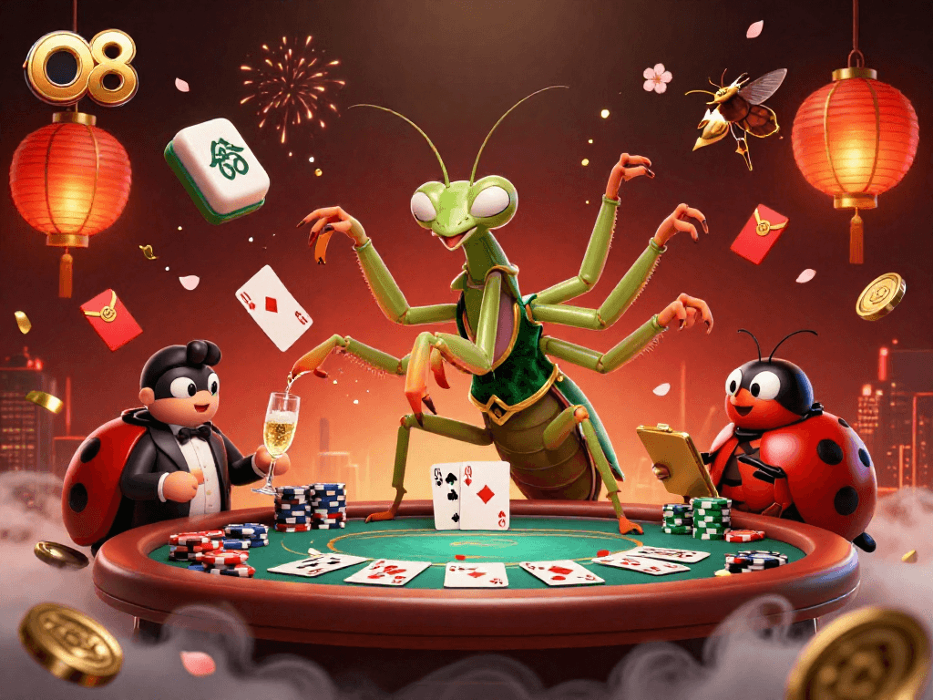 Experience thrilling poker action with O8 in this vibrant 3D illustration featuring a giant mantis card sharp.