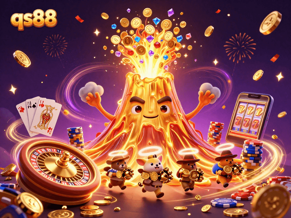 Win big at qs88 with a triumphant volcano erupting treasures in a vibrant casino setting