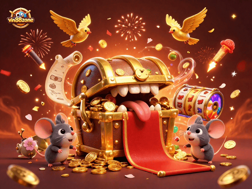 Experience the thrills of vin88zone with treasure chests and vibrant gaming elements in a 3D illustration.