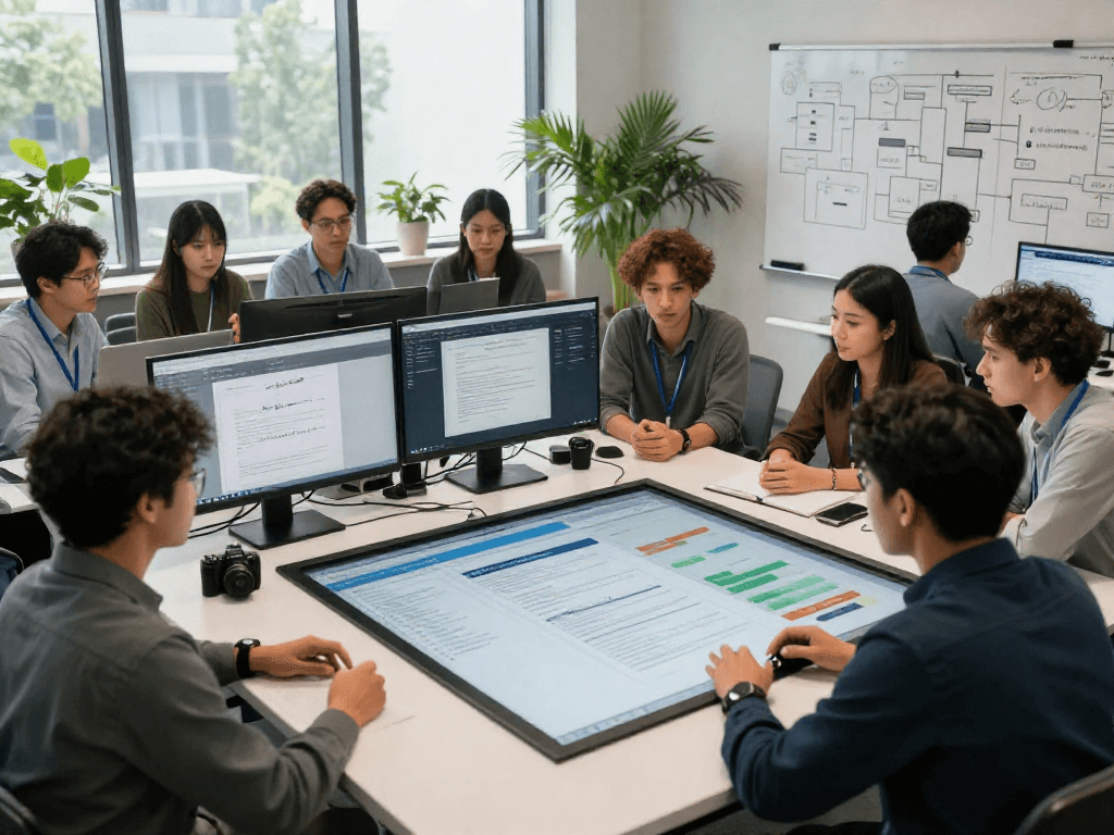 Team collaborating on document fraud detection software in a high-tech office setting