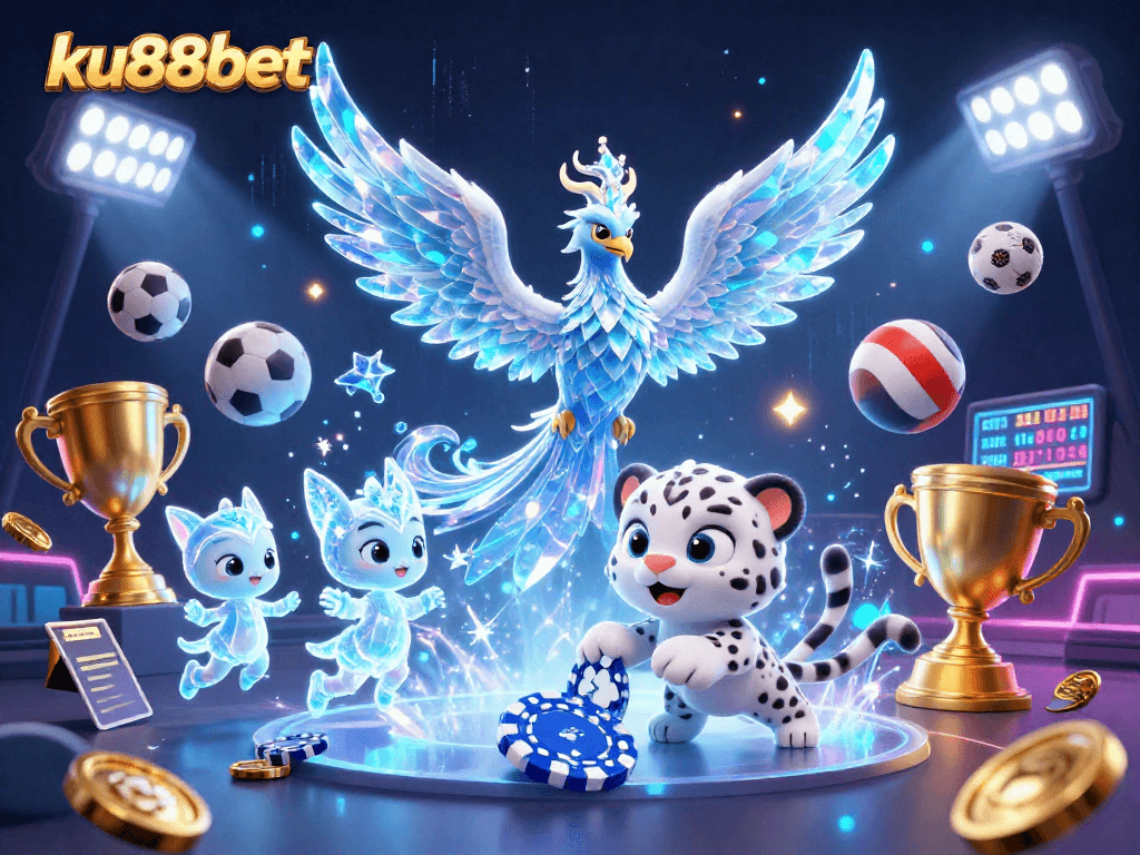 ku88bet features a vibrant 3D casino scene with an ice phoenix and sports elements.