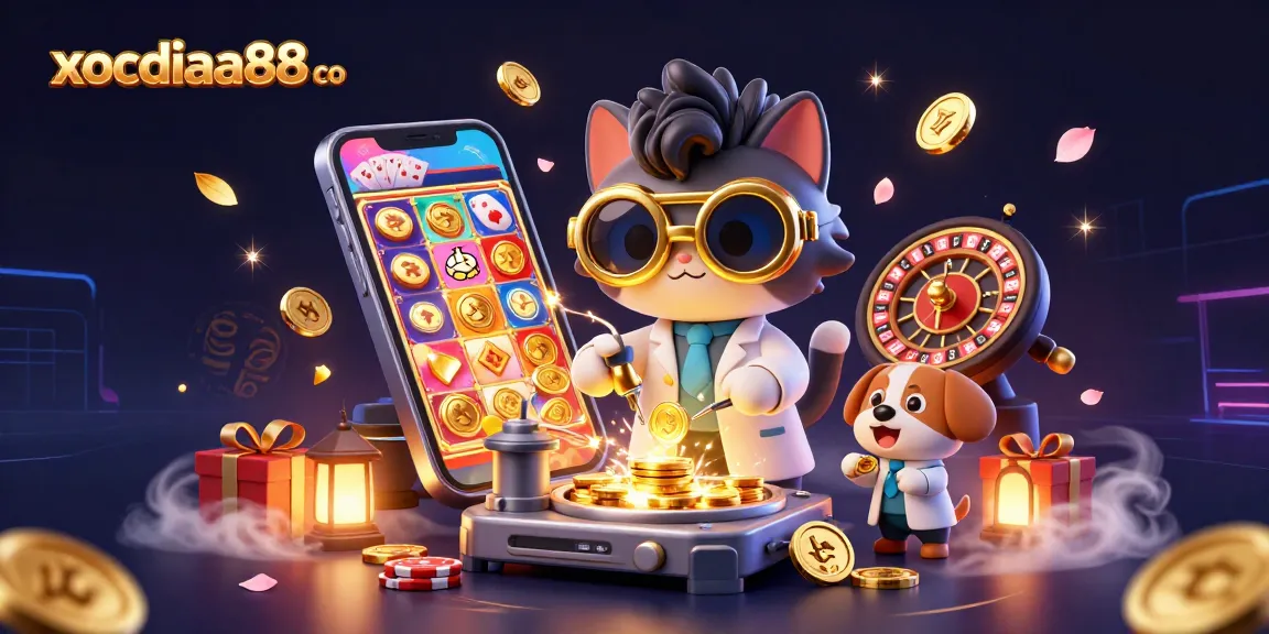 Join the fun with xocdiaa88 co in this vibrant 3D casino illustration featuring dynamic gaming elements and characters.