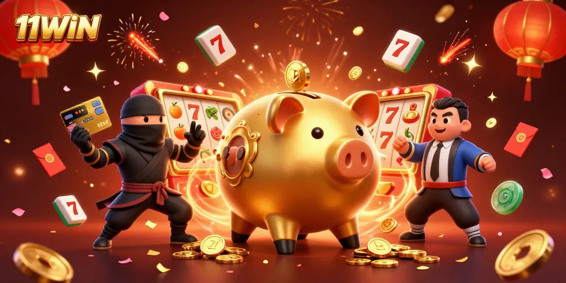 Engage with vibrant casino action in 11WIN, featuring a dynamic scene of characters surrounded by lucky symbols and festive elements.