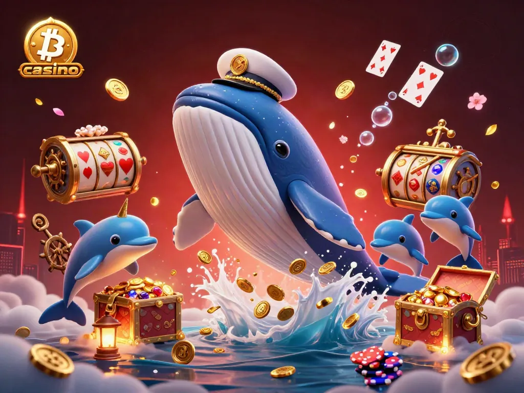 Experience the vibrant world of a bitcoin casino with a whale and dolphin duo in a treasure-filled underwater adventure.