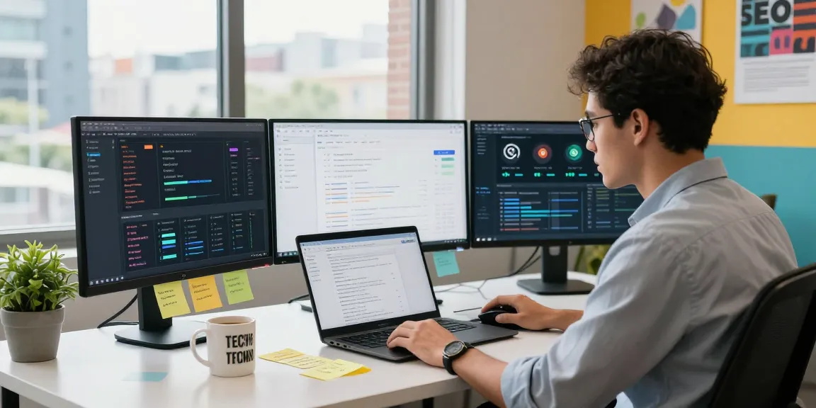 SEO specialist utilizing AI SEO tools in a vibrant digital marketing workspace.