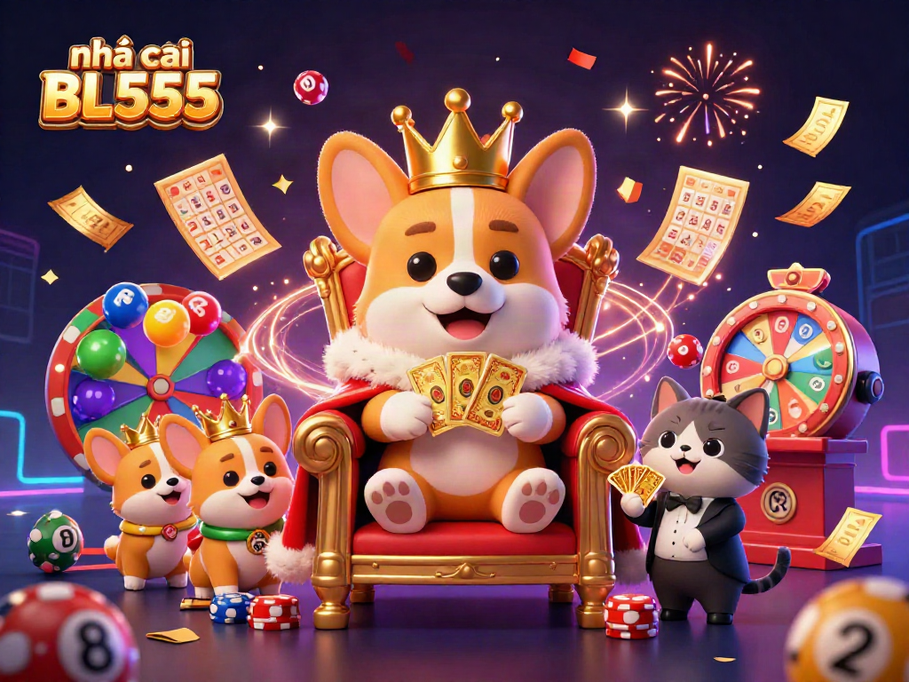 Join the excitement at nhà cái BL555 with lottery balls, a corgi king, and vibrant casino elements!