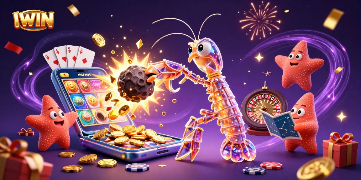 IWIN slots explosion scene with a vibrant galactic mantis shrimp and starfish, showcasing thematic casino elements.