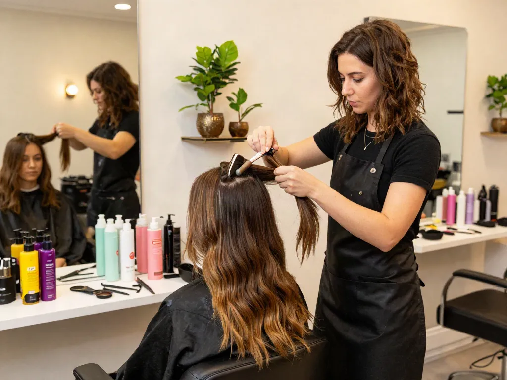 No damage hair extensions being applied in a modern beauty salon, with a stylist and client in a vibrant atmosphere.