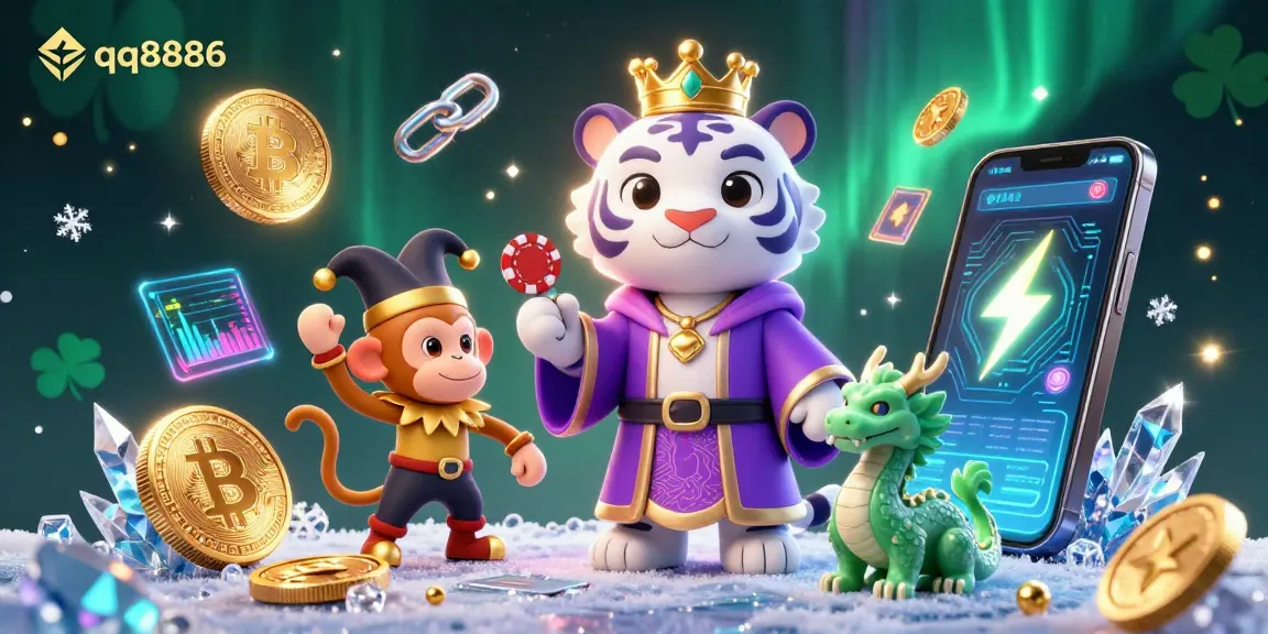 Engage with qq8886's vibrant casino art featuring a royal tiger and playful monkey amidst gaming elements.