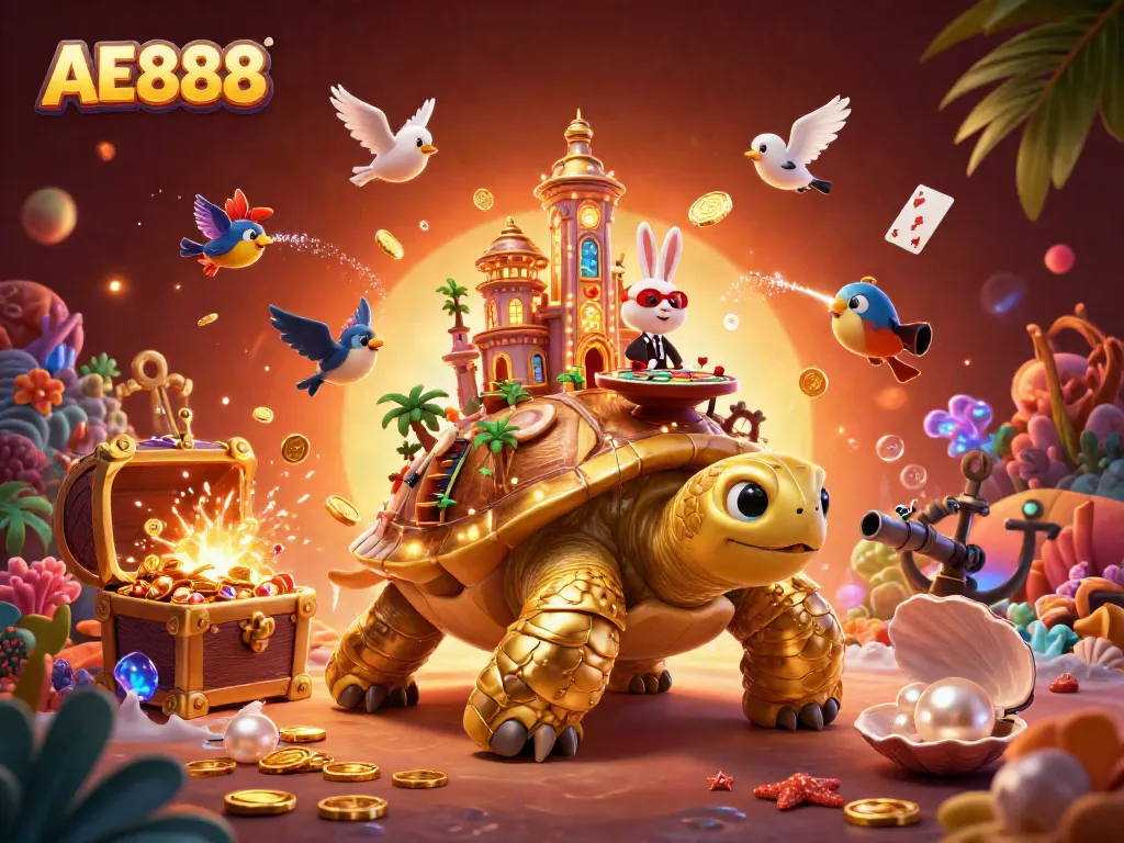 Engage with AE888's thrilling casino gaming experience amid vibrant characters and treasure elements.