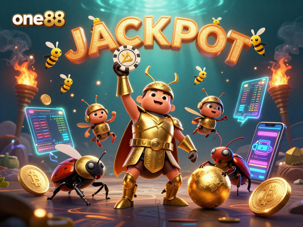 Experience the thrill of one88 gaming with a victorious beetle and enticing jackpot elements in a vibrant scene.