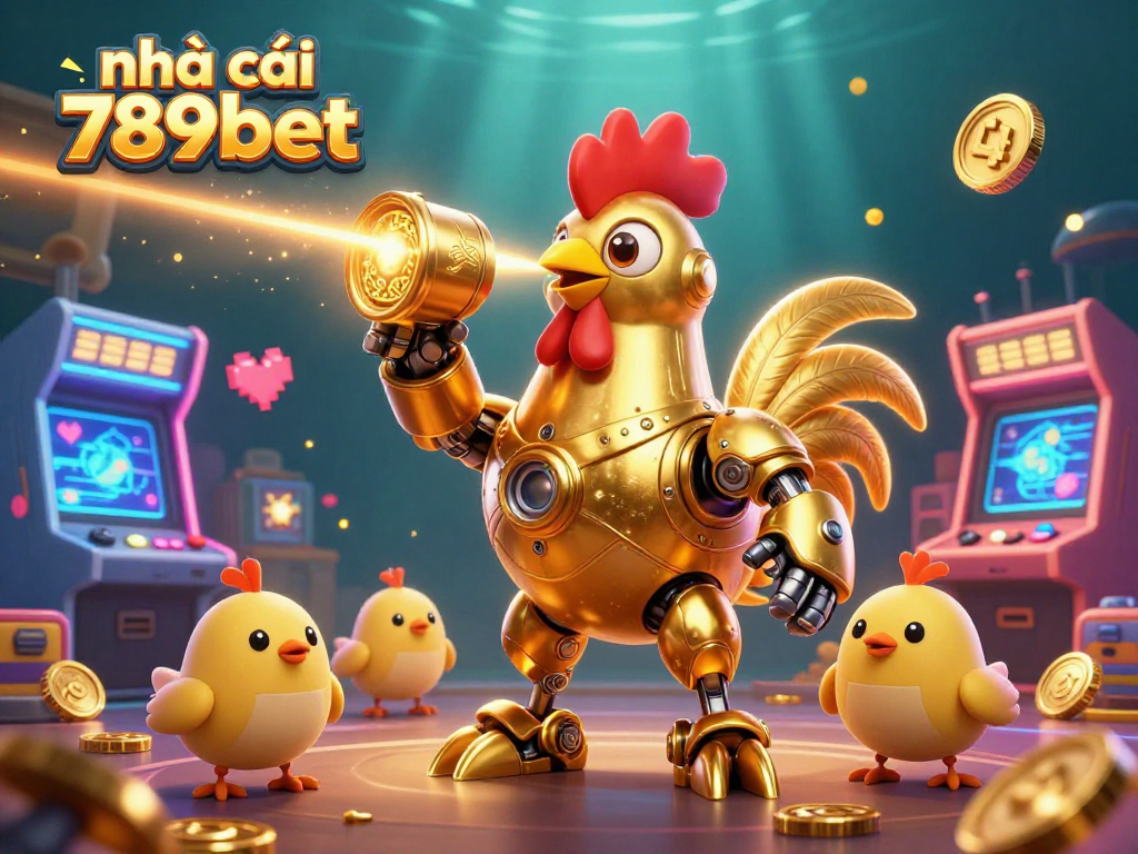 Engage with nhà cái 789bet in a vibrant gaming scene featuring a golden rooster robot and dynamic arcade elements.