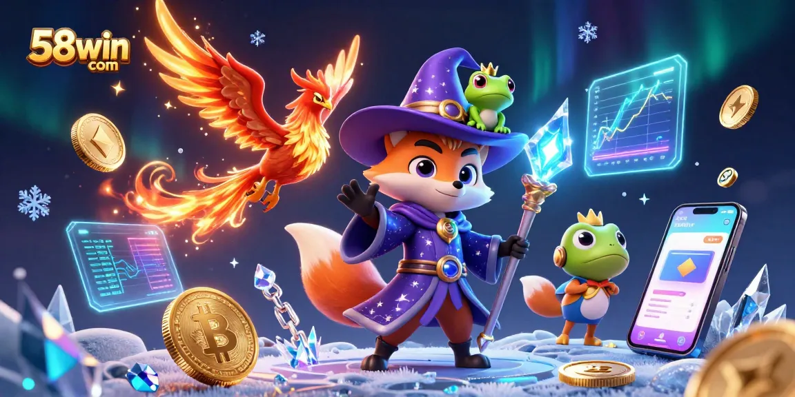 Get ready to play and win at 58win com with exciting animations featuring a mystical wizard and crypto elements.