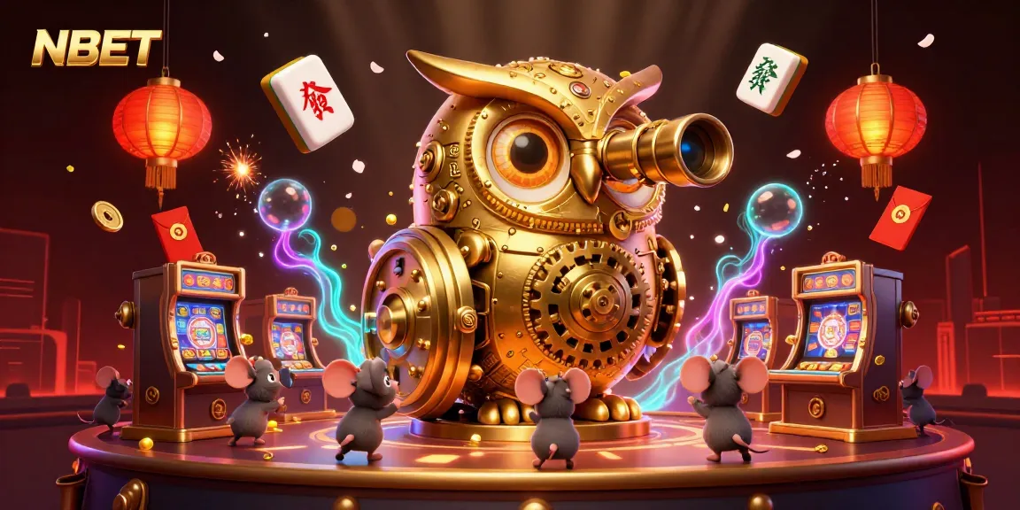 NBET showcases a vibrant casino scene with a golden owl and lively animated patrons amidst festive decorations.