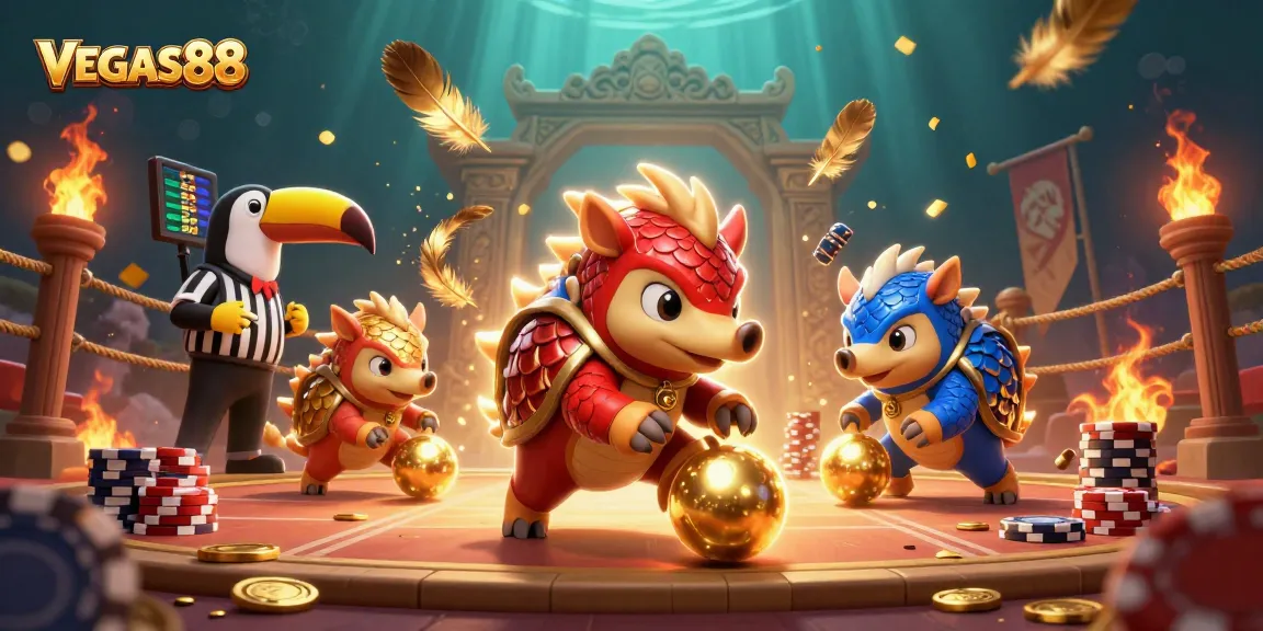 Experience the excitement of VEGAS88 with vibrant cartoon pangolins at a thrilling gaming arena.