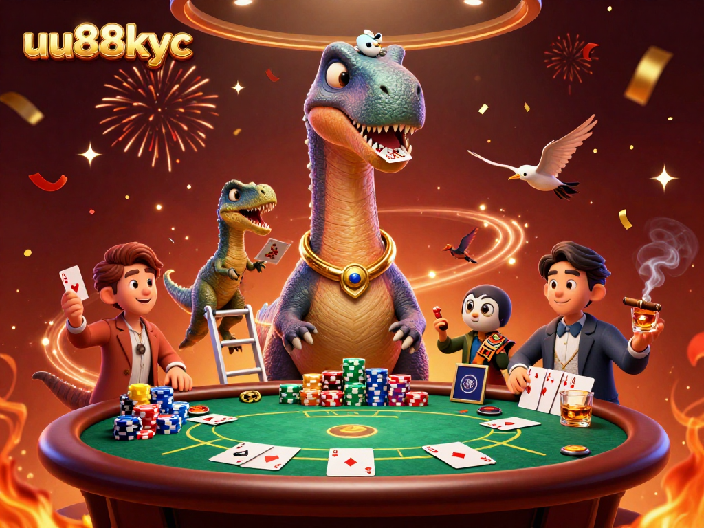 uu88kyc's vibrant casino scene showcases a dinosaur dealer amidst poker chaos.