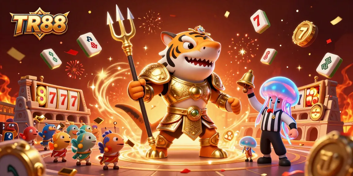 Engage with TR88, a thrilling underwater casino scene featuring a fierce tiger shark gladiator.
