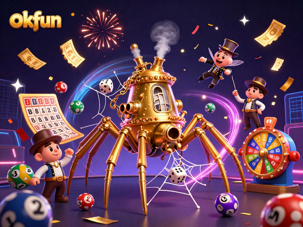 Engage in lively gaming excitement at okfun with a colorful steampunk spider catching unlucky dice amidst lottery balls.