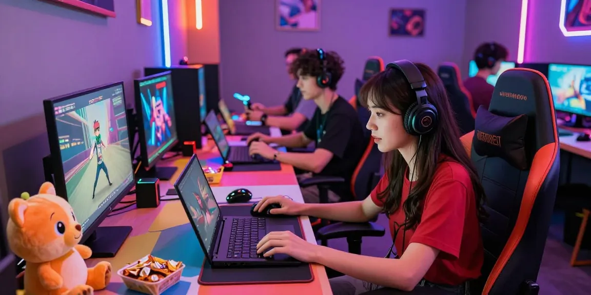 Engaging hentaigames gaming scene with players on various devices in a vibrant setting.