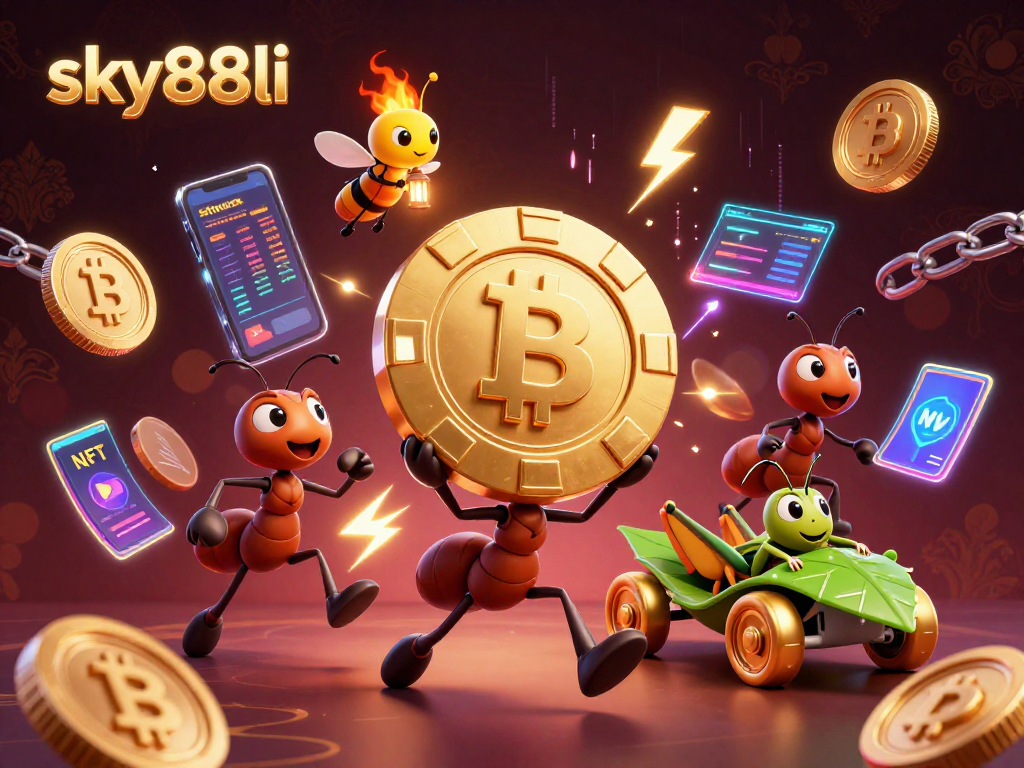 Engage in thrilling gaming at sky88li with 3D cartoon ants stealing a giant poker chip amidst vibrant crypto elements.