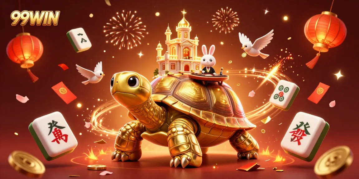 Experience the excitement of 99WIN with a vibrant illustration of a golden tortoise casino, celebrating winnings and joy.