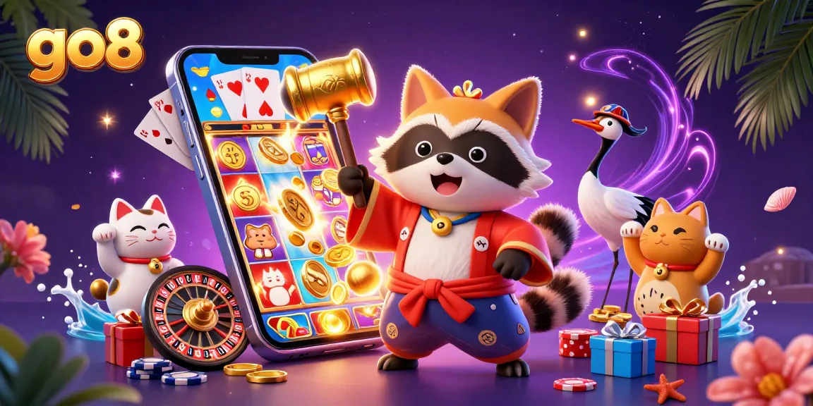 The go8 gaming scene showcases a cheerful raccoon dog with fortune cats, embodying vibrant online casino excitement.
