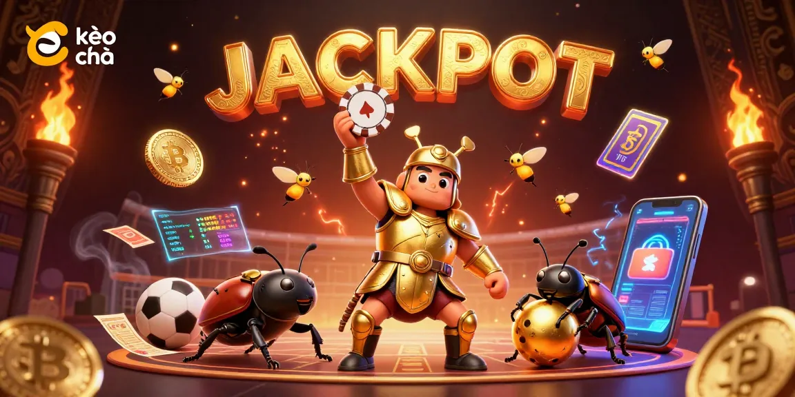 Experience kèo nhà cái excitement with a gladiator beetle in golden armor lifting a poker chip.