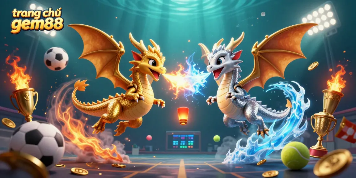 Engage in sports betting excitement with the vibrant scene at trang chủ gem88 showcasing fire and ice dragons.