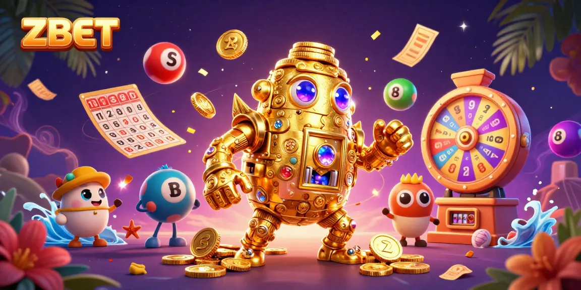 ZBET showcases a vibrant 3D illustration of a golden golem amidst gambling symbols, celebrating online casino excitement.
