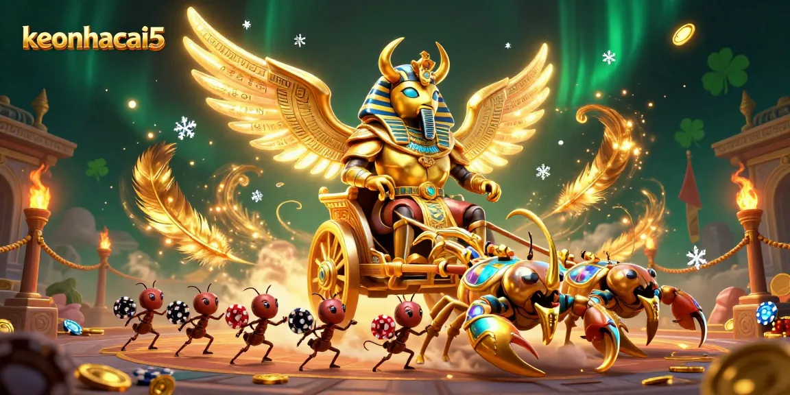 Engage with keonhacai5 visuals featuring a grand golden beetle and scorpions in a dynamic casino scene.