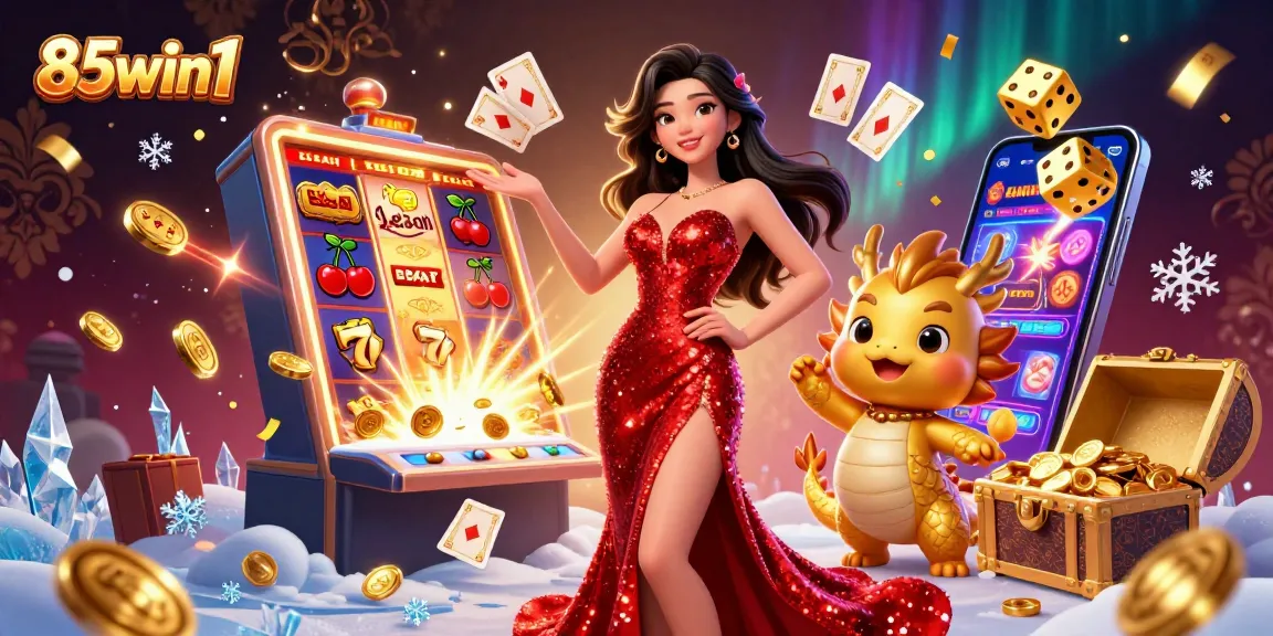 Experience winning fun with 85win1's vibrant casino scene featuring a glamorous woman and exciting game elements.