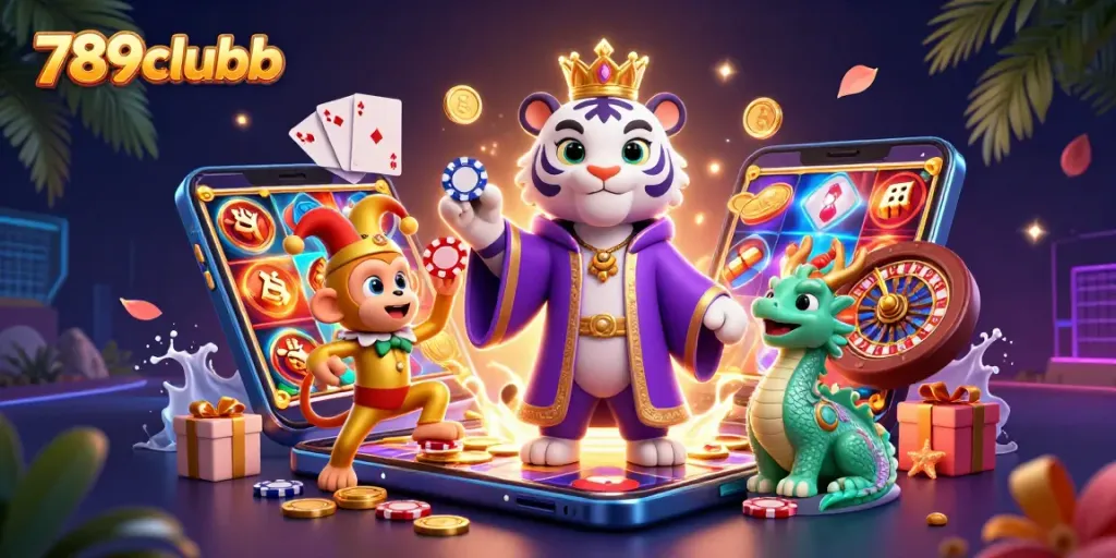 Engage with 789clubb's dynamic casino experience featuring an enchanting tiger, monkey, and vibrant gaming elements.
