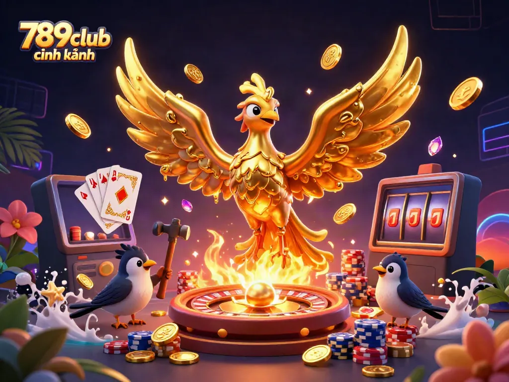 Engaging 789club chính hãng illustration showcasing a molten golden phoenix in a casino setting, filled with vibrant elements.