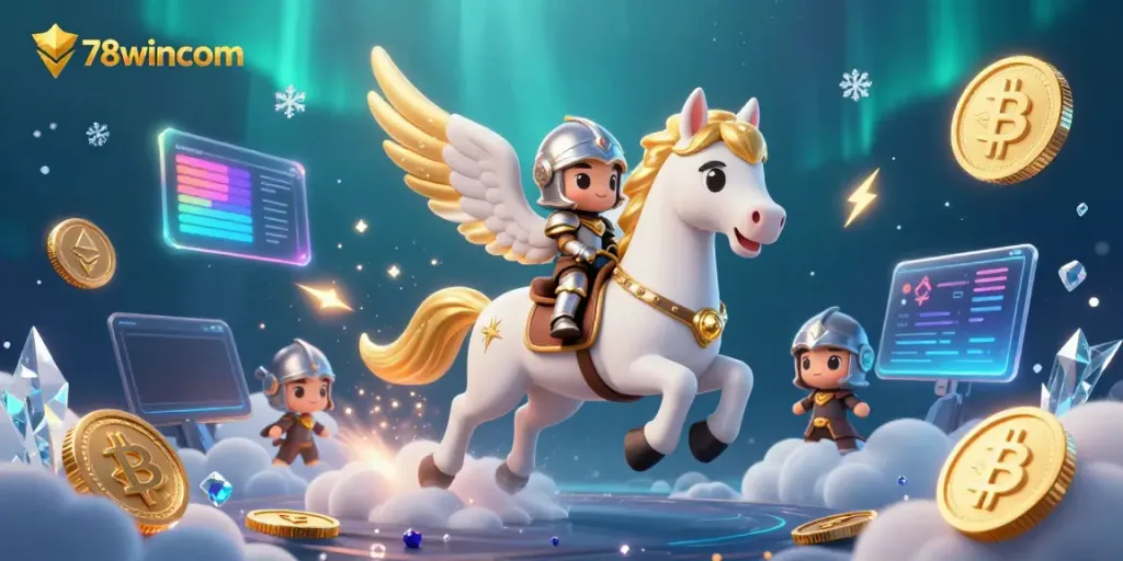 Join the adventure with 78wincom, featuring a celestial horse and knight surrounded by cryptocurrency elements.