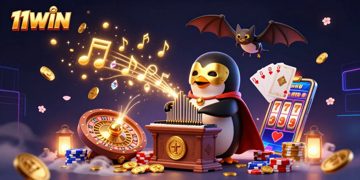 Experience 11WIN's vibrant casino scene with phantom penguin and golden coins swirling.