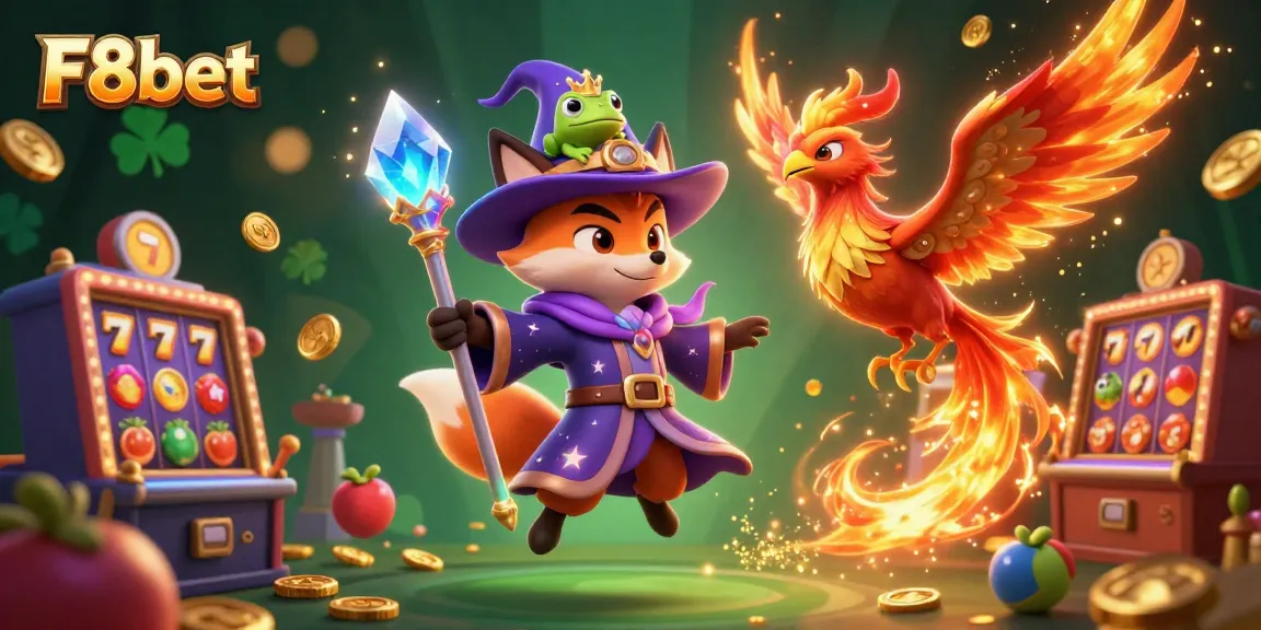 Engaging slot gaming scene with F8bet's mystical wizard fox, phoenix, and enchanted frog amidst vibrant casino elements.