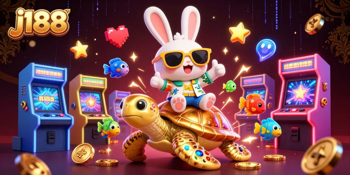 Experience the fun with j188 as the lucky rabbit rides a golden turtle in a vibrant casino scene.