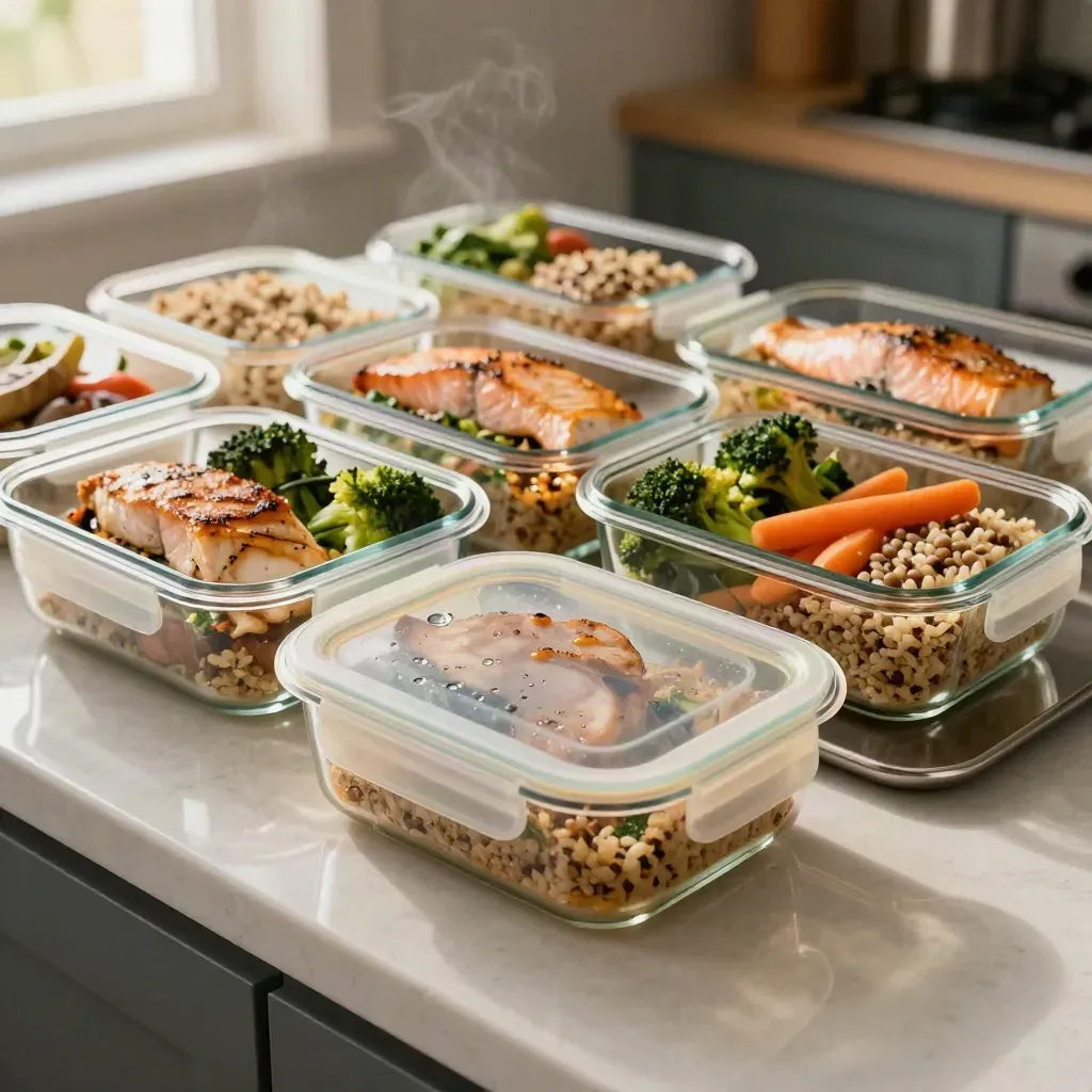 Seven glass meal-prep boxes lined on a quartz counter, one open, in warm afternoon light.