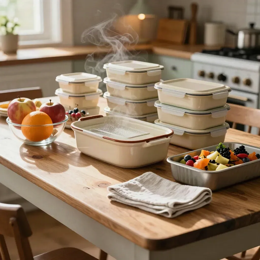 Batch-prep containers, casserole dish, and fruit bowls on a farmhouse table in warm late-morning light.