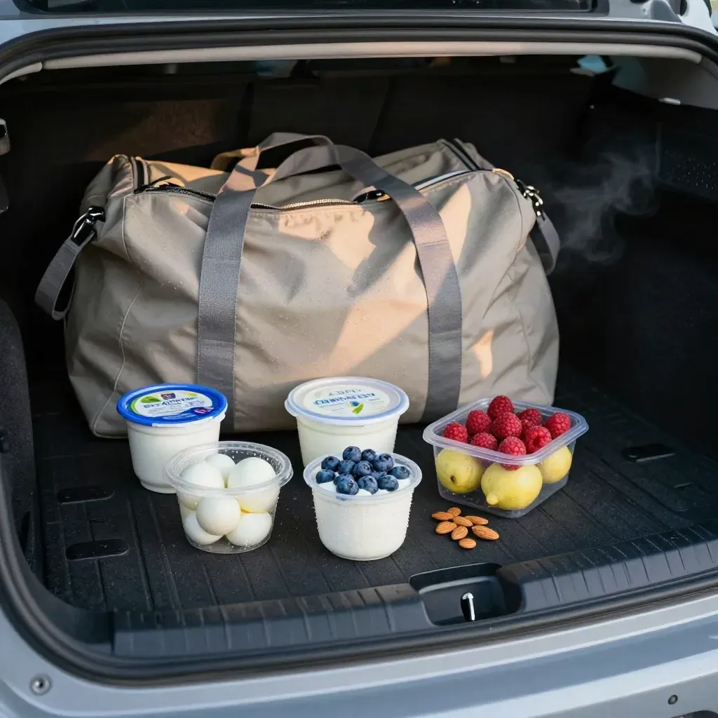 Open snack kit with yogurt cups, eggs, berries, almonds and a gym bag in an SUV trunk at dawn.