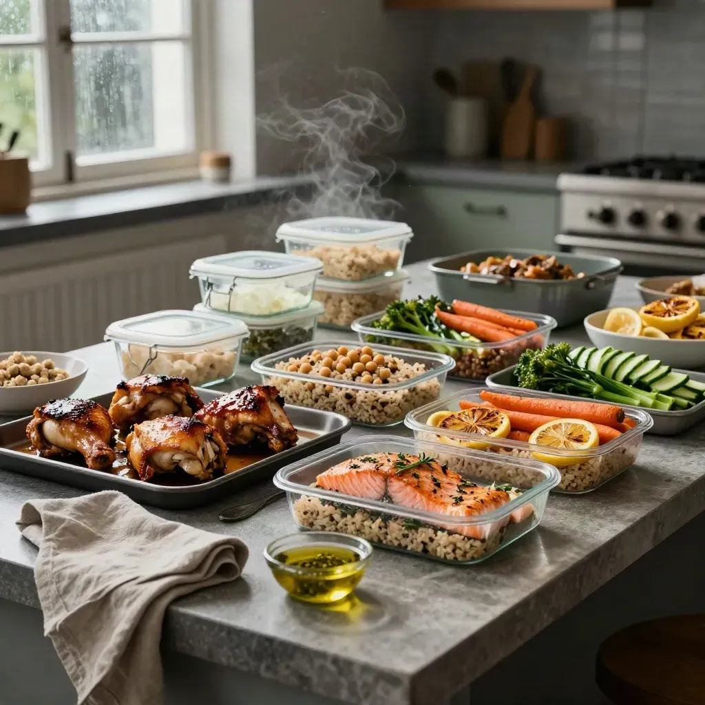 Rain-lit meal-prep spread of roasted chicken, salmon, grain bowls, and glass containers on a stone island.