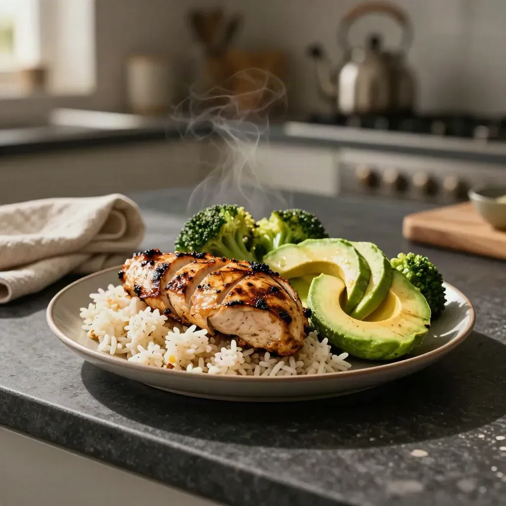 Warm recovery dinner plate of chicken, rice, broccoli and avocado in a quiet kitchen.