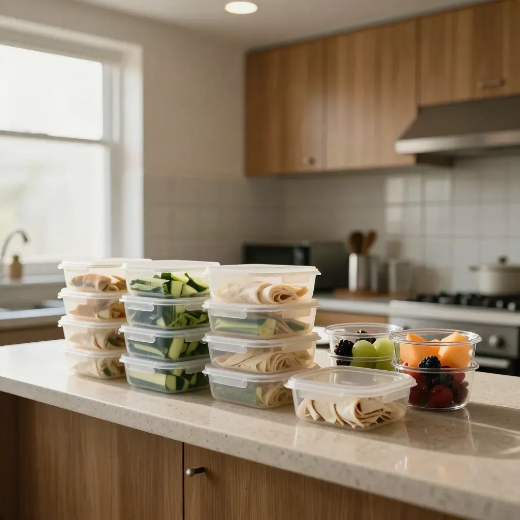 Stacked lunch boxes with wraps, cucumber spears and fruit cups in an office kitchenette.